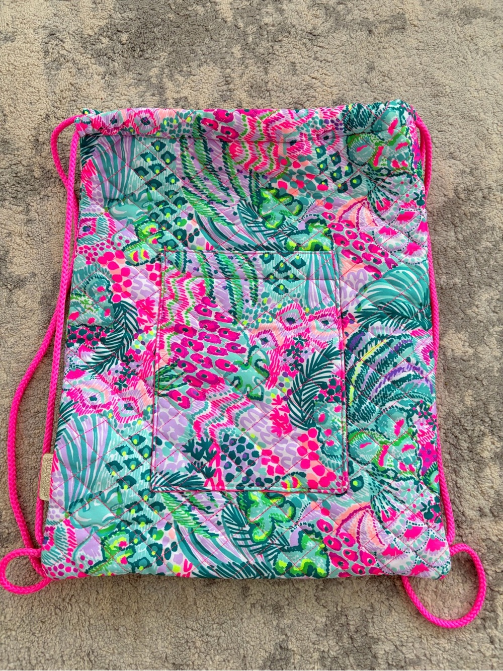 Lilly Pulitzer Pink Green Blue Quilted Drawstring Backpack
